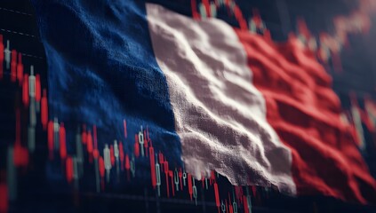 Abstract representation of the french national flag superimposed over a downward trending financial market graph showing economic decline and recessionary indicators