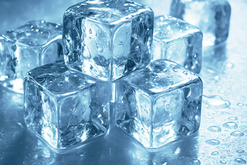 Close-Up of Crystal Clear Ice Cubes with Water Droplets on Cold Surface