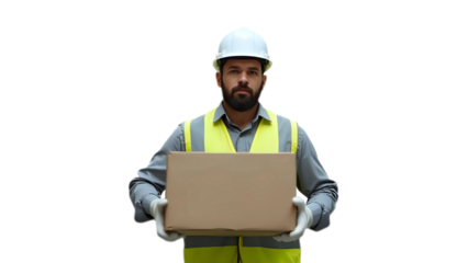 Portrait of warehouse worker wearing safety helmet, vest, and gloves, handles cardboard box, moves cargo, logistic storage facility - inventory, efficiency, organized supply chain, delivery concept
