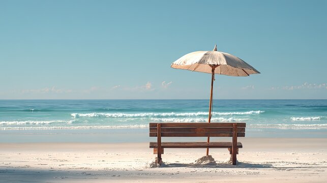 Tranquil Beach Scene with Umbrella and Wooden Bench Under Clear Blue Sky and Gentle Waves