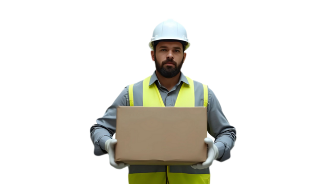 Portrait of warehouse worker wearing safety helmet, vest, and gloves, handles cardboard box, moves cargo, logistic storage facility - inventory, efficiency, organized supply chain, delivery concept - Powered by Adobe