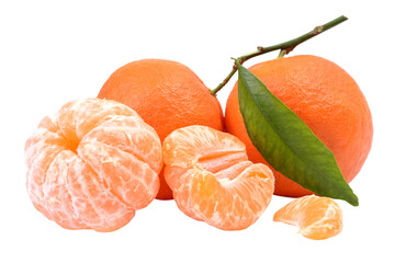 Tangerines with green leaves isolated