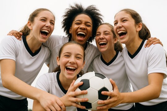 Happy teenage girls' soccer team celebrating together with big smiles and a soccer ball after winning a match on the field, unity and joy concept. Ai generative
