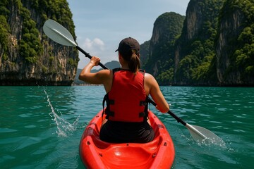 Woman kayaking in tropical lagoon between limestone cliffs under clear sky, an adventurous summer travel and outdoor water sport concept scene.. Ai generative
