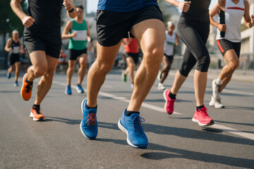 Group of athletes running in a marathon on city streets during a sunny day, showcasing sport motivation and fitness lifestyle concept. Ai generative