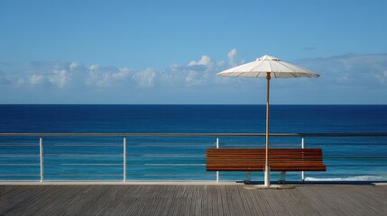 Obraz premium Tranquil Seaside View with a Wooden Bench and White Umbrella Overlooking Calm Ocean Waves under Clear Blue Sky