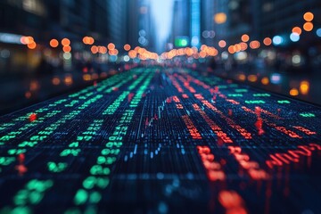 Obraz premium Stock market analysis with graphical charts in a dynamic urban background