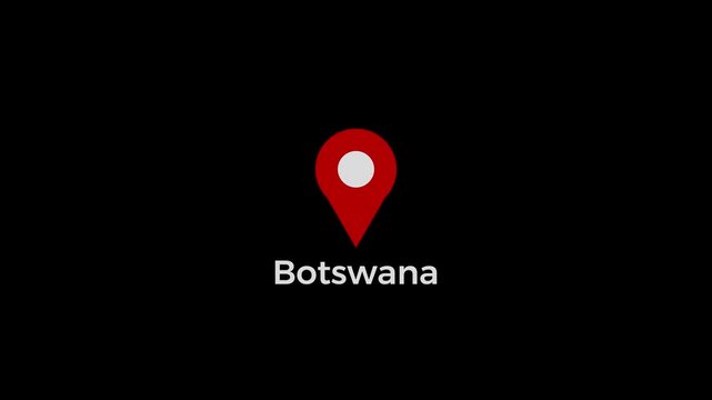Botswana map location pin animation. Botswana text down location pin pointer icon black background, 4K video.
