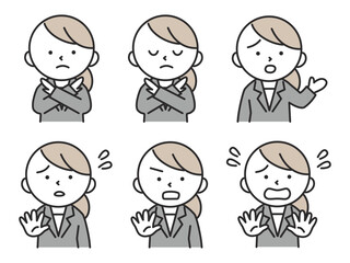 NGや拒否のポーズをするスーツを着た女性のイラストセット　シンプルで可愛い人物素材