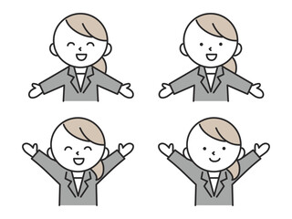 両手を広げたポーズをするスーツを着た女性のイラストセット　シンプルで可愛い人物素材