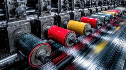 Vivid Spools of Thread in Motion at a Modern Textile Manufacturing Facility Captured in Dynamic Perspective