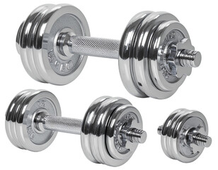 Fototapeta premium Gleaming Silver Dumbbells Set for Gym and Workout Isolated on Transparent Background.
