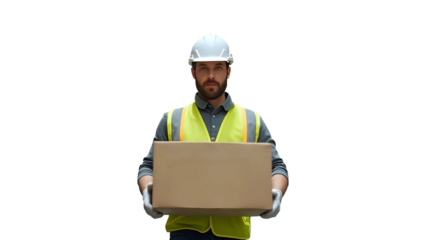 Portrait of warehouse worker wearing safety helmet, vest, and gloves, handles cardboard box, moves cargo, logistic storage facility - inventory, efficiency, organized supply chain, delivery concept