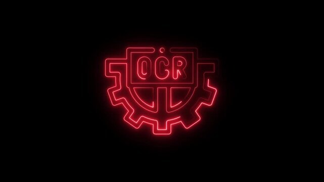 Red Neon O C R Gear Symbol Animation Technology Concept Digital Data Recognition Automation
