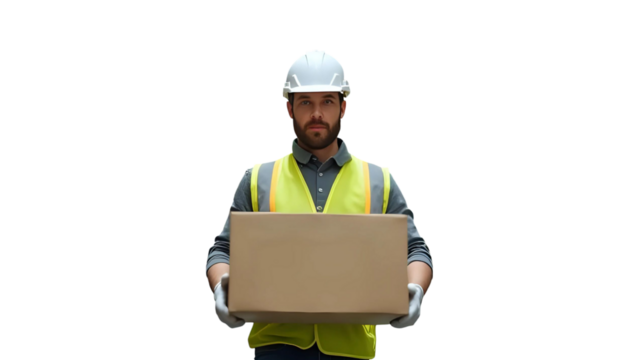 Portrait of warehouse worker wearing safety helmet, vest, and gloves, handles cardboard box, moves cargo, logistic storage facility - inventory, efficiency, organized supply chain, delivery concept