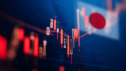 Close up of a financial stock market trading chart with japanese flag in the background showing economic trends and investment data