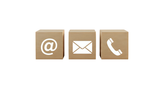 Isolated wooden blocks icons : email, envelope, phone on desk - business communication, contact us, customer service, remote work concept