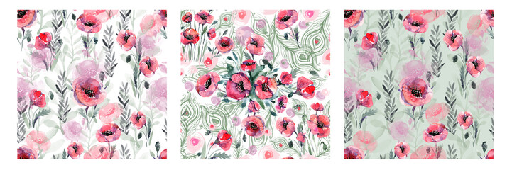 A set of seamless patterns with poppies painted in watercolor. Poppies in a bouquet, in the garden, a creative design pattern.