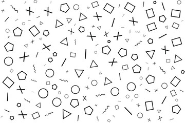 Abstract geometric pattern background with minimal black line shapes including circles, triangles, squares, crosses, and pentagons on white. Ideal for design, wallpaper, education, and web graphics.