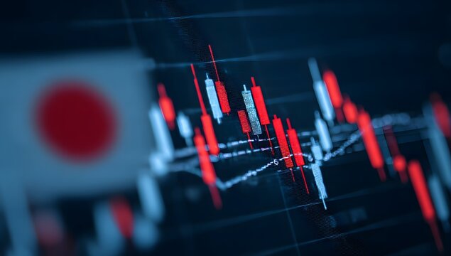 Close up of a financial stock market trading chart with japanese flag blurred in the background symbolizing economic trends and investment analysis