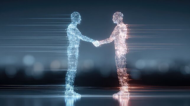 Digital Representation of Two Futuristic Human Figures Engaging in a Handshake Against a Dark Background