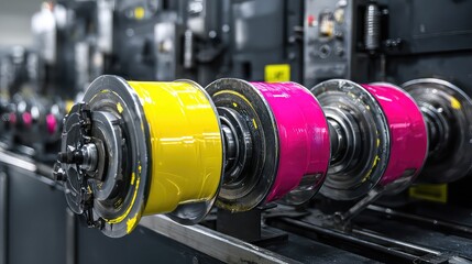 Fototapeta premium Vibrant Color Spools in Printing Machine, Showcasing Cyan, Yellow, Magenta, and Black Colors with Precision Engineering Components