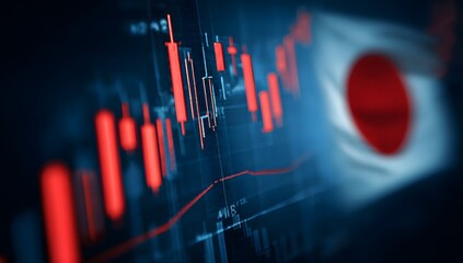 Close up of a financial stock market trading chart with red and green candlesticks overlaid with the blurred national flag of japan symbolizing economic trends and investment