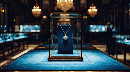 Elegant diamond necklace showcased in a luxurious jewelry display under soft ambient lighting in an upscale store environment
