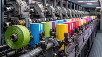 Fototapeta premium Colorful spools and industrial printing machinery arranged in a vibrant production line showcasing textile manufacturing and printing processes