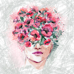 The face of a beautiful woman, a girl with red flowers, poppies, illustration on a textured background. Girl's face with flowers on her head, watercolor illustration