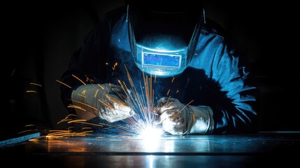 Skilled Welder Performing Precision Weld with Sparks Flying in Dark Industrial Environment