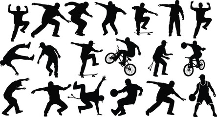 Silhouette of people doing different sports set of silhouettes of people playing basketball, skateboarding, bmx, and dancing