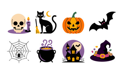 Clean Halloween Illustrations — 2×4 Icon Pack on White Vector illustration, Halloween graphic elements easily editable.