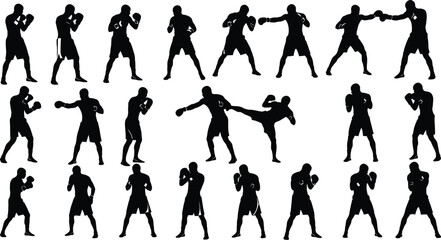 Silhouette of various martial arts fighters in different stances, showcasing combat skills and athletic poses