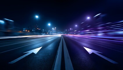 Abstract streaks of vibrant blue and purple light blur across a wet asphalt road at night with illuminated street lamps and directional arrows