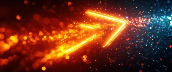 Obraz premium Glowing orange arrows with sparks on dynamic dark technology background