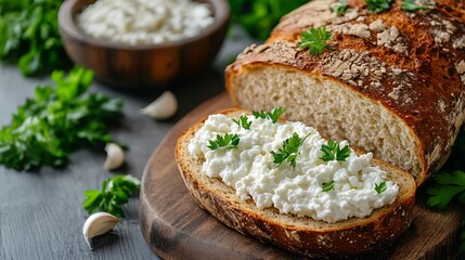 Rye bread with cottage cheese and parsley on a cozy kitchen table