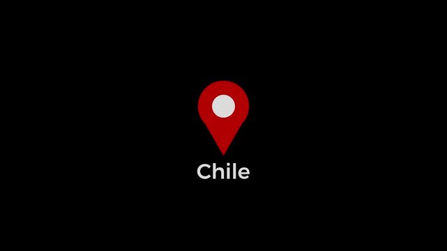 Chile map location pin animation. Chile text down location pin pointer icon black background, 4K video.