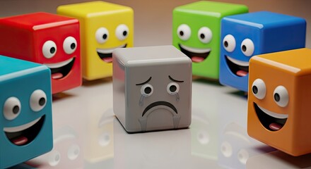 Colorful Happy Faces Surround Sad Gray Cube Depression Concept Illustration