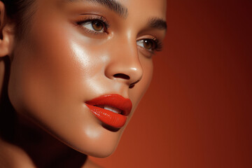 Fototapeta premium Glamorous woman with red lipstick and shiny glowing skin. Perfect for beauty, fashion, and makeup branding.