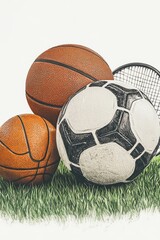 Obraz premium Photorealistic representation of various sports equipment on green grass background