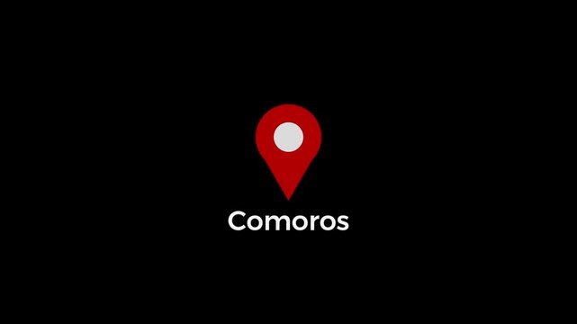 Comoros map location pin animation. Comoros country name text down location pin pointer icon black background 4K video.