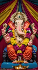 Fototapeta premium Pancha ganapati celebration with sacred ganesha idol adorned in colorful garlands for festive home decoration and worship