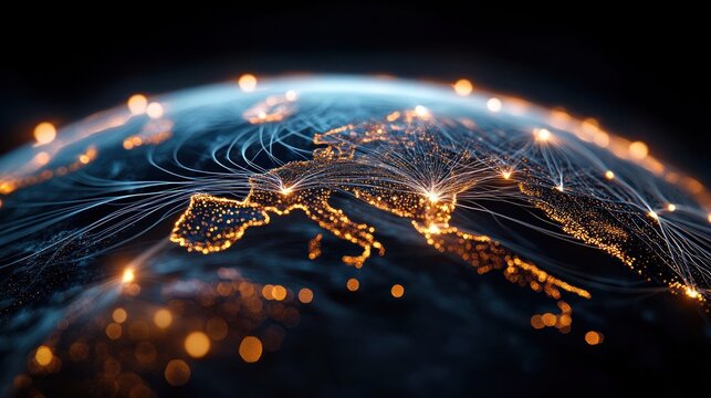 Illuminated digital map of Europe at night showing bright connected city lights and glowing network lines symbolizing global communication and data flow