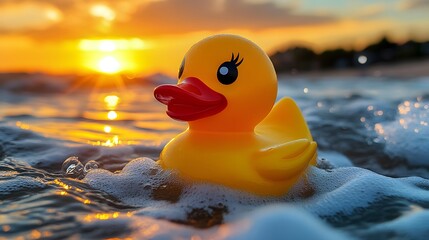 Bright yellow rubber duck floats in the ocean at sunset with vibrant orange and purple sky