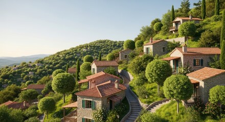 Stone houses on a green hillside with a winding path
