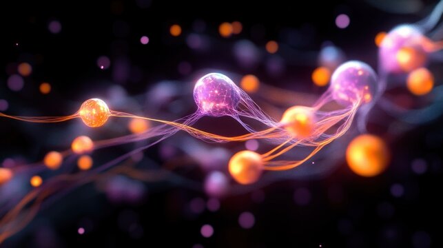 Glowing interconnected nodes with vibrant orange and purple hues linked by fine filament strands in a dark immersive environment