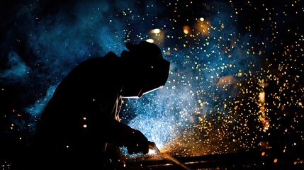 Sparkling Arc of Welding in Dark Environment with Explosive Sparks and Bright Blue Flames Illuminating the Scene