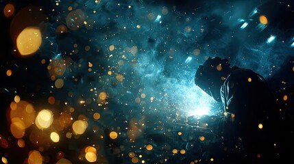 Welder in Action Creating Sparks and Bright Lights in a Dark Environment with Blue and Gold Bokeh Effects