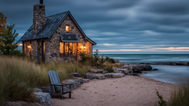 Stone cottage on a beach front with a chair and ocean view